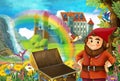 Cartoon fairy tale scene with dwarf in the field full of flowers near wooden chest small waterfall colorful rainbow and bi Royalty Free Stock Photo