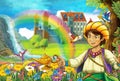 Cartoon fairy tale scene with handsome prince in the field full of flowers near small waterfall colorful rainbow and big castle Royalty Free Stock Photo