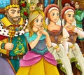 Cartoon fairy tale scene - king queen and servants