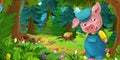 Cartoon fairy tale scene with pig farmer or worker on the meadow in the forest Royalty Free Stock Photo