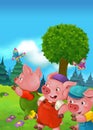 Cartoon fairy tale scene with pigs doing different pigs