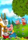 Cartoon fairy tale scene with pigs doing different pigs