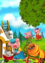 Cartoon fairy tale scene with pigs doing different pigs