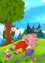 Cartoon fairy tale scene with pigs doing different pigs