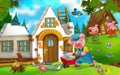 Cartoon fairy tale scene with pigs doing different pigs