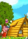 Cartoon fairy tale scene with pigs doing different things