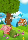 Cartoon fairy tale scene with pigs doing different things