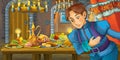 Cartoon fairy tale scene with prince by the table full of food