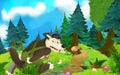 Cartoon fairy tale scene with wolf on the meadow in the forest - illustration