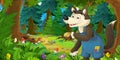 Cartoon fairy tale scene with wolf on the meadow in the forest