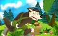 Cartoon fairy tale scene with wolf on the meadow in the forest - illustration