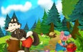 Cartoon fairy tale scene with wolf on the meadow and happy pig builder walking around