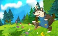 Cartoon fairy tale scene with wolf on the meadow and title frame with different characters