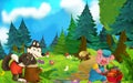 Cartoon fairy tale scene with wolf and pig on the meadow
