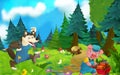 Cartoon fairy tale scene with wolf and pig on the meadow