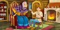 Cartoon fairy tale scene - young man speaking to older woman Royalty Free Stock Photo