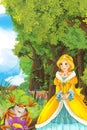 Cartoon fairy tale scene with a young princess in the forest talking