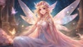 cartoon fairy with wand posed on a starry background. her skin was sparkling. She wore a lovely outfit with a dress and wings