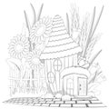 Cartoon fairytale acorn house, fence, flowers, leaves, wheat ears. Coloring book page