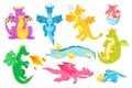 Cartoon fairytale dragon characters, cute baby dragons. Fantasy creature breathing fire, magical flying reptiles, fairy Royalty Free Stock Photo