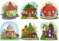 Cartoon fairytale houses for little animals and fantasy inhabitants. Apple, nut, strawberry, cupcake, acorn, eggplant.