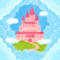 Cartoon fairytale princess pink castle towers in clouds. Magic kingdom palace flying in sky, cute medieval fantasy mansion vector Royalty Free Stock Photo