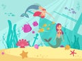 Cartoon fairytale underwater vector background with mermaids Royalty Free Stock Photo