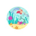 Cartoon fairytale underwater vector banner with mermaids and fishes Royalty Free Stock Photo