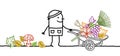 Cartoon Fall Gardener with Wheelbarrow, Leaves and Tools