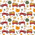 Cartoon autumn red harvest tractor with pumpkin trail, forest leaves