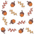 Cute cartoon fall seamless vector pattern background illustration with branches and leaves and acorns