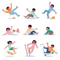 Cartoon falling kids. Boys and girls in danger, slipping, tripping and injuries, result of active games, unhappy crying Royalty Free Stock Photo
