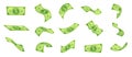Cartoon falling money bills. Flying green dollar bill, 3d cash and usd currency vector set Royalty Free Stock Photo