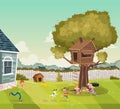 Cartoon family on the backyard of a colorful house in suburb neighborhood. Tree house on the backyard. Royalty Free Stock Photo