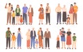 Cartoon family. Couples of parents with happy kids and grandparents, full family portrait vector illustration set Royalty Free Stock Photo