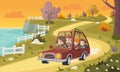 Cartoon family driving a car in the park