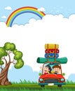 A family driving under a rainbow in nature