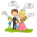 Cartoon family, everyone thinking about their own interests Royalty Free Stock Photo