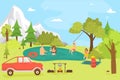 Cartoon family in forest, nature summer landscape and people, vector illustration. Man woman character at lake, outdoor Royalty Free Stock Photo