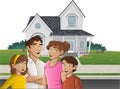 Cartoon family in front of a house