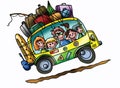 Cartoon family going to summer camp with their car fully loaded vector