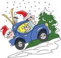 Cartoon family going on a winter holiday with their blue car vector illustration