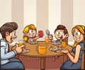 Cartoon family having breakfast eating at the table