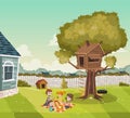 Cartoon family having picnic on the backyard of a colorful house in suburb neighborhood. Tree house on the backyard. Royalty Free Stock Photo