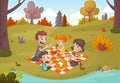 Cartoon family having picnic in the park on a sunny day. Royalty Free Stock Photo