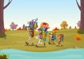 Cartoon family having picnic in the park on a sunny day. Nature background. Royalty Free Stock Photo