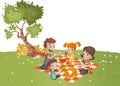 Cartoon family having picnic in the park on a sunny day. Royalty Free Stock Photo