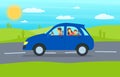 Cartoon Family Journey by Blue Car. Vector