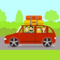 Cartoon Family Journey by Red Car. Vector
