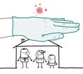 Cartoon family with masks against the Virus in a house protected by a big Hand